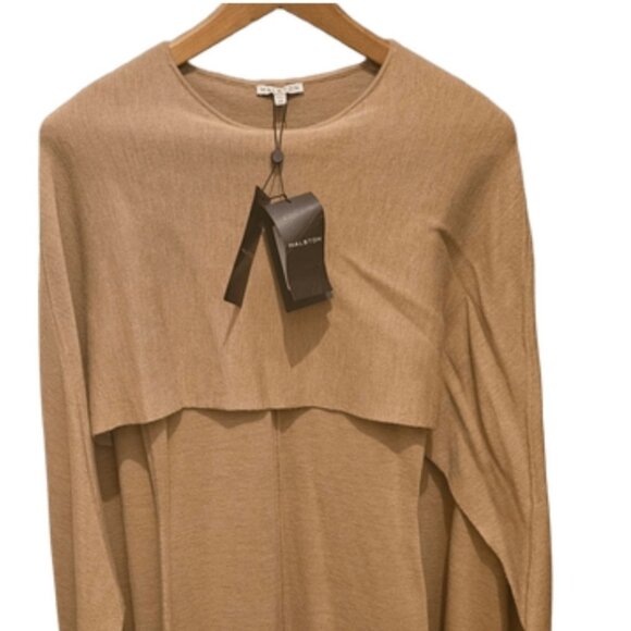 NWT Halston AMAL Dress XS Camel Merino Wool Authentic Designer Maxi Cape Sleeve - Picture 1 of 6